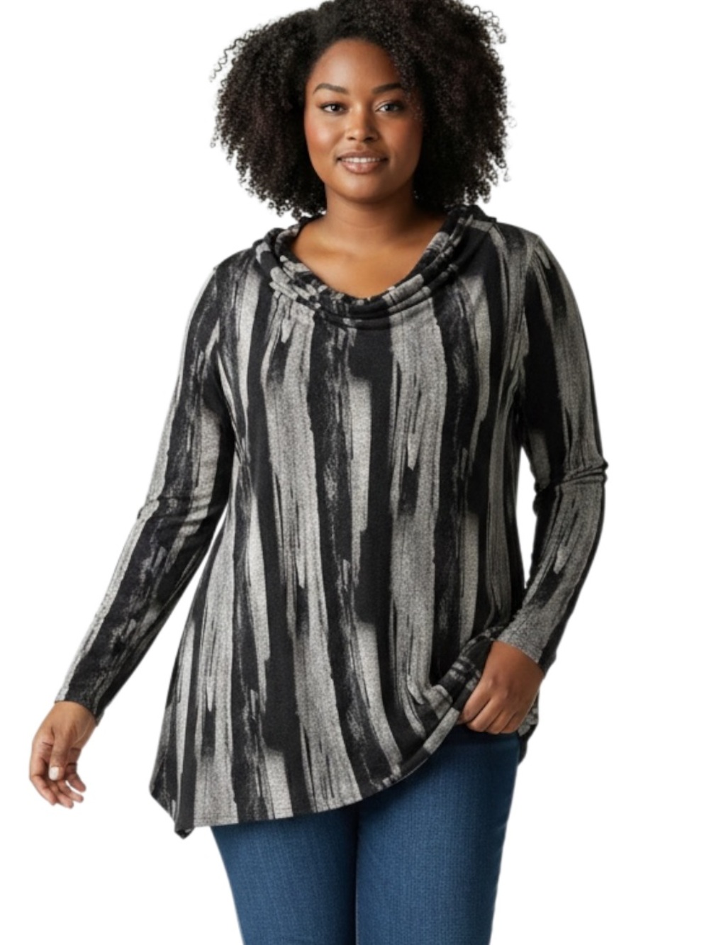 Simply Vera Vera Wang Black and Gray Brushstroke Cowl-Neck Tunic